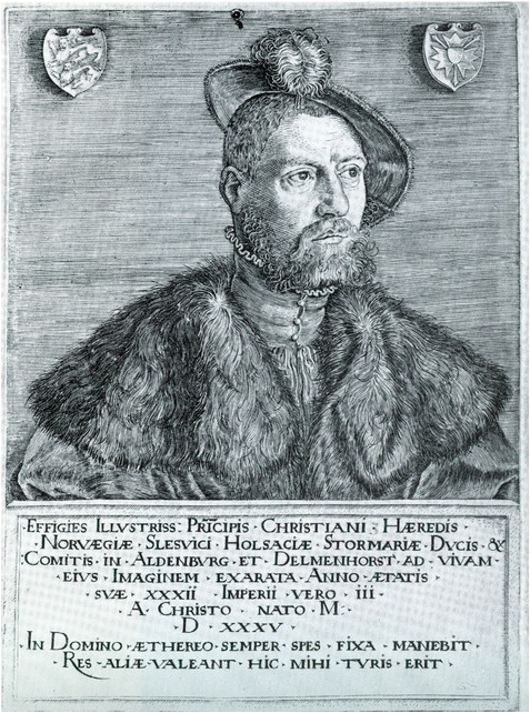 Christian 3. Portræt udført af Jacob Binck, i 1535, da Christian var hertug og 32 år gammel, original graveret i sølvplade, her retvendt tryk